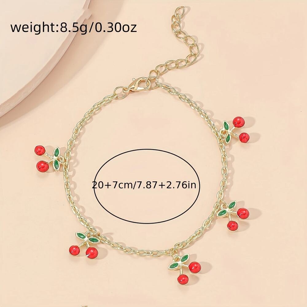 NEW Gold Anklet w/ Cherry Charms, Y2K cherry jewelry, Cherry bomb, Retro jewelry - Picture 4 of 4